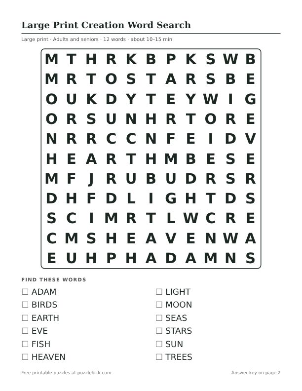 Printable Large Print Creation Word Search PDF preview: puzzle page with word list