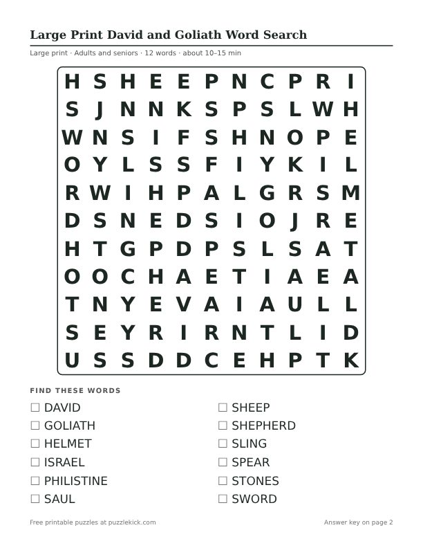 Printable Large Print David and Goliath Word Search PDF preview: puzzle page with word list
