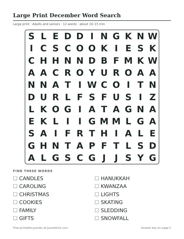 Printable Large Print December Word Search PDF preview: puzzle page with word list