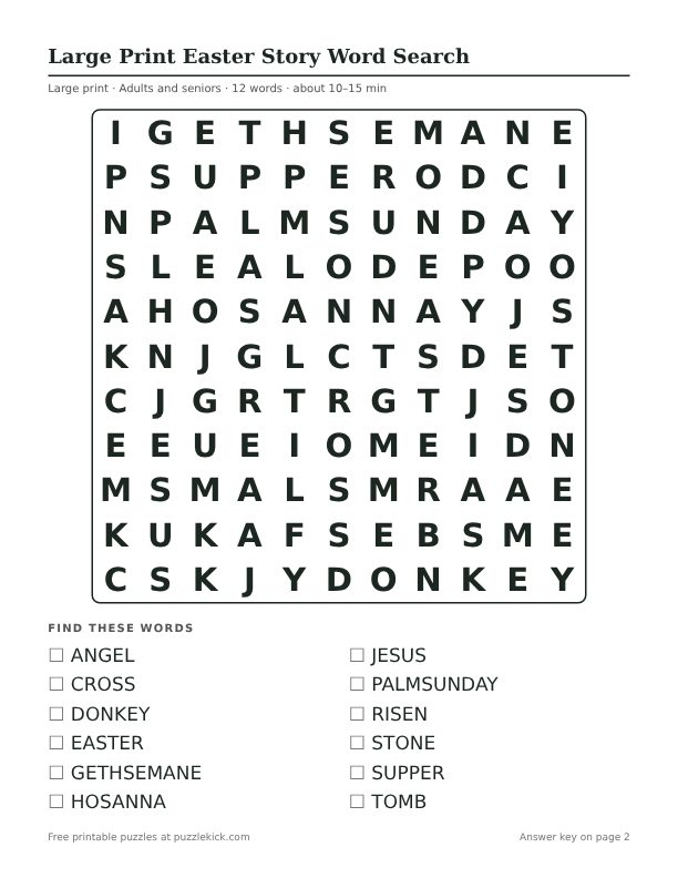 Printable Large Print Easter Story Word Search PDF preview: puzzle page with word list