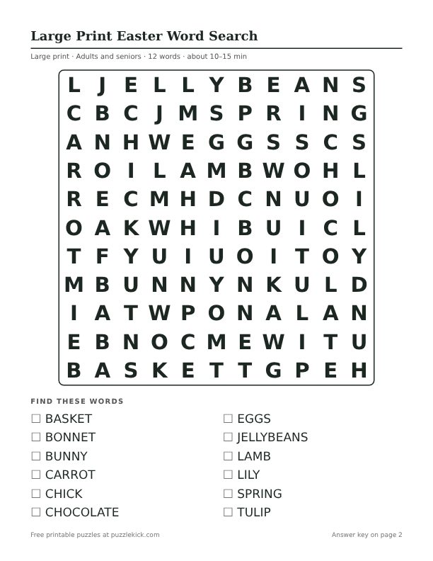Printable Large Print Easter Word Search PDF preview: puzzle page with word list