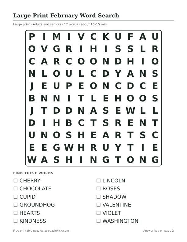 Printable Large Print February Word Search PDF preview: puzzle page with word list