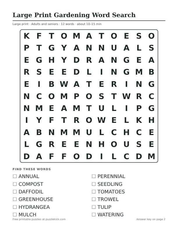 Printable Large Print Gardening Word Search PDF preview: puzzle page with word list
