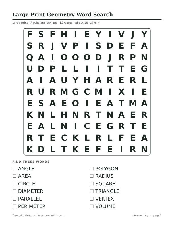 Printable Large Print Geometry Word Search PDF preview: puzzle page with word list