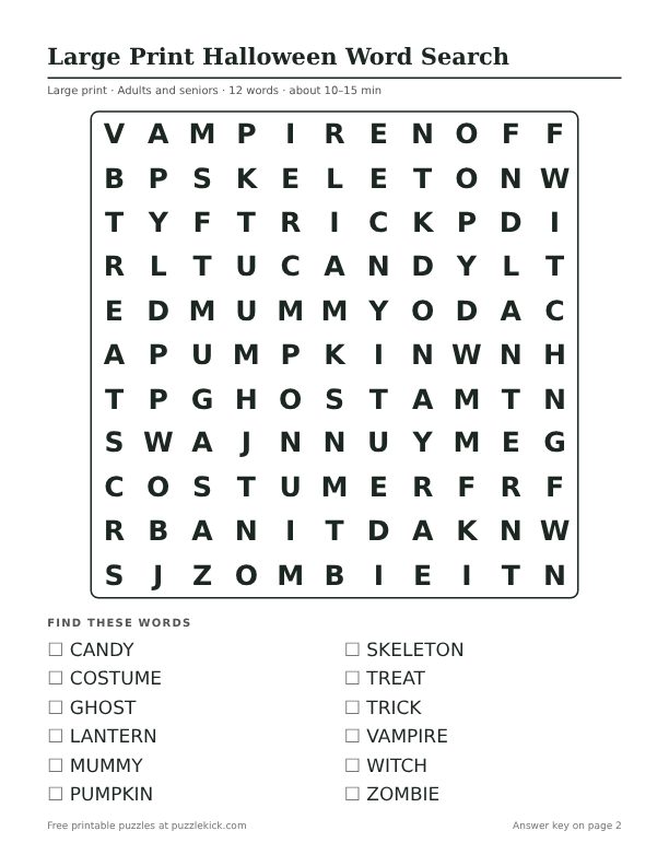 Printable Large Print Halloween Word Search PDF preview: puzzle page with word list