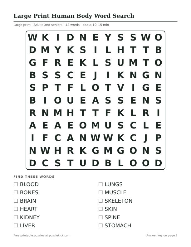 Printable Large Print Human Body Word Search PDF preview: puzzle page with word list