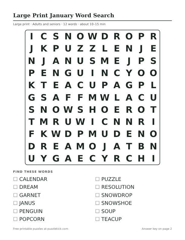 Printable Large Print January Word Search PDF preview: puzzle page with word list