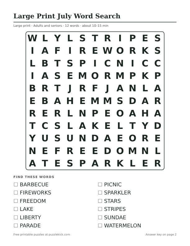 Printable Large Print July Word Search PDF preview: puzzle page with word list
