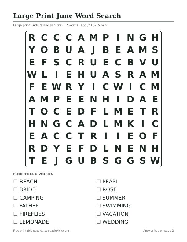 Printable Large Print June Word Search PDF preview: puzzle page with word list