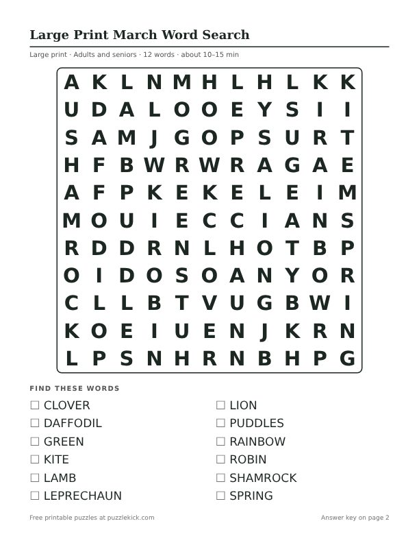 Printable Large Print March Word Search PDF preview: puzzle page with word list