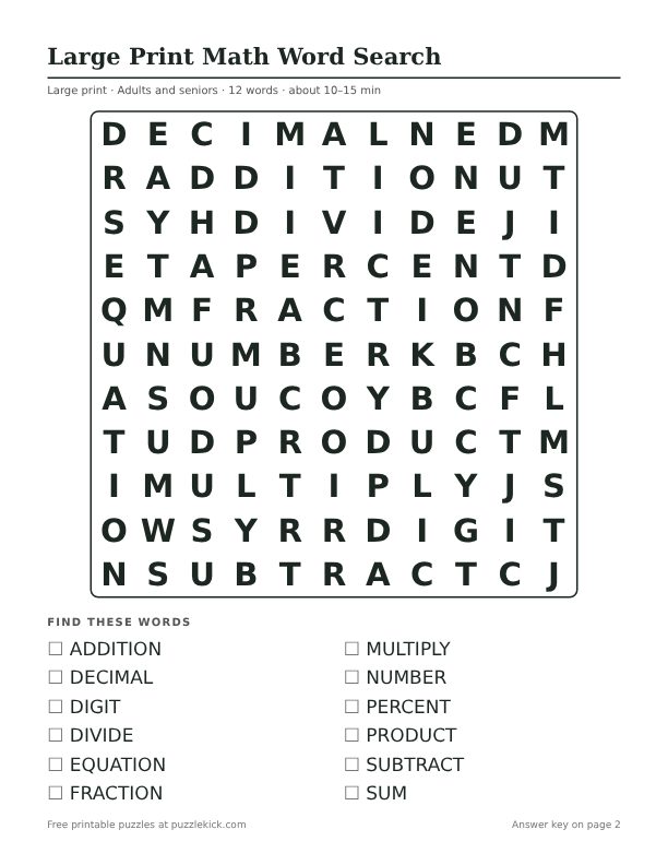 Printable Large Print Math Word Search PDF preview: puzzle page with word list