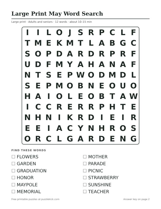 Printable Large Print May Word Search PDF preview: puzzle page with word list