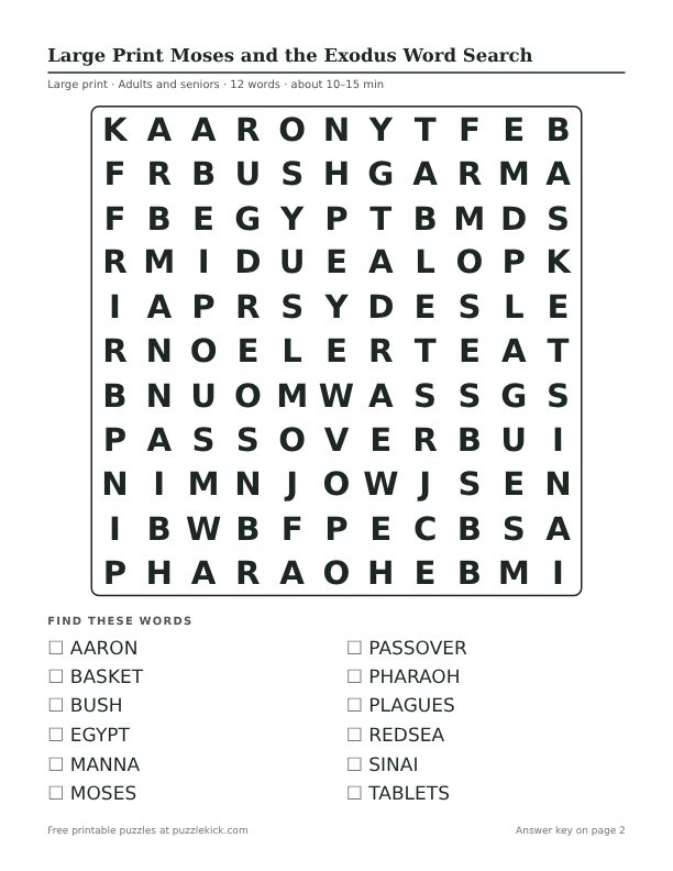 Printable Large Print Moses and the Exodus Word Search PDF preview: puzzle page with word list