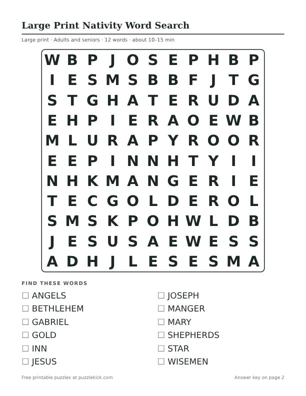 Printable Large Print Nativity Word Search PDF preview: puzzle page with word list