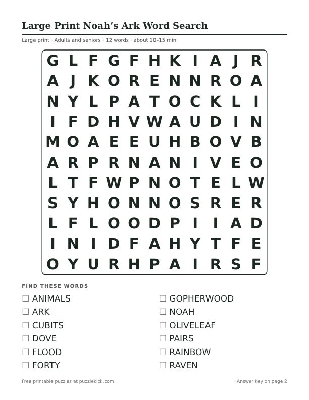 Printable Large Print Noah’s Ark Word Search PDF preview: puzzle page with word list