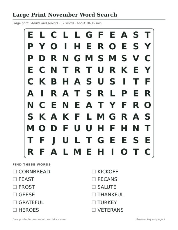 Printable Large Print November Word Search PDF preview: puzzle page with word list