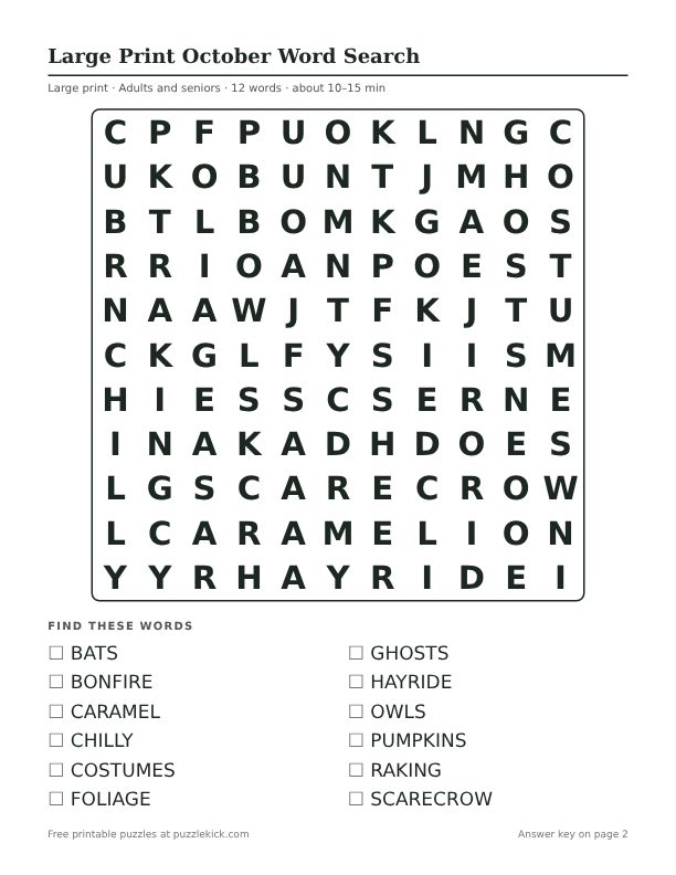 Printable Large Print October Word Search PDF preview: puzzle page with word list