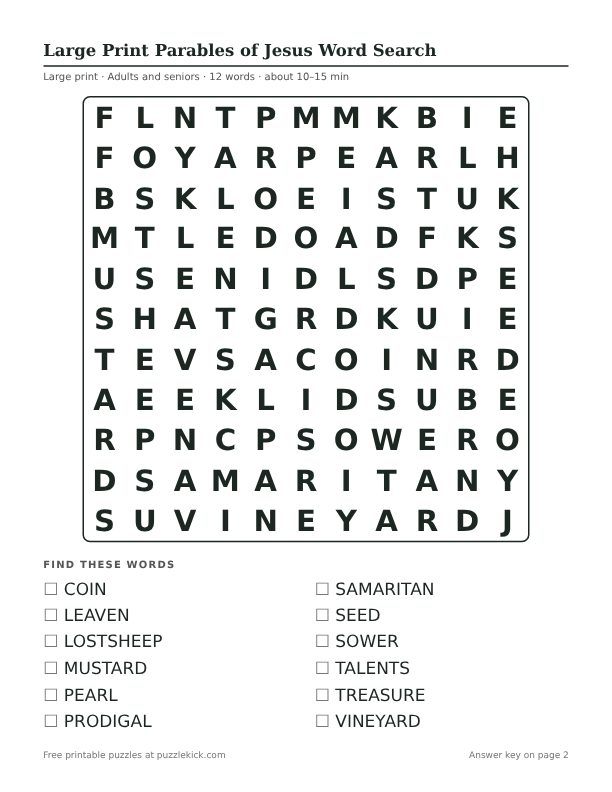 Printable Large Print Parables of Jesus Word Search PDF preview: puzzle page with word list
