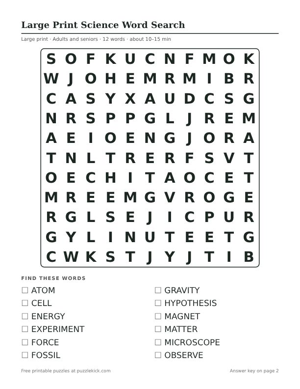 Printable Large Print Science Word Search PDF preview: puzzle page with word list