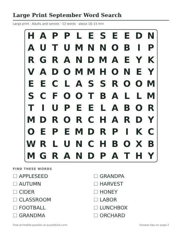Printable Large Print September Word Search PDF preview: puzzle page with word list