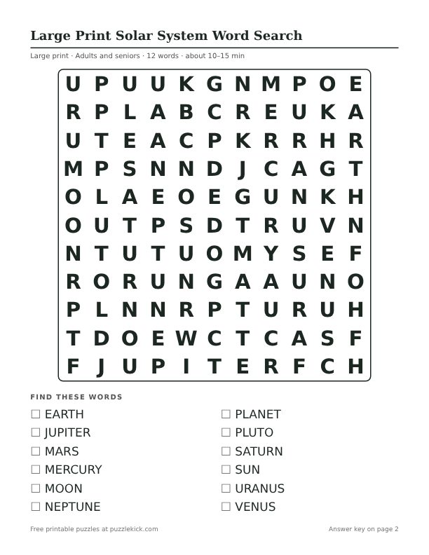 Printable Large Print Solar System Word Search PDF preview: puzzle page with word list