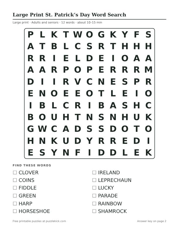 Printable Large Print St. Patrick’s Day Word Search PDF preview: puzzle page with word list