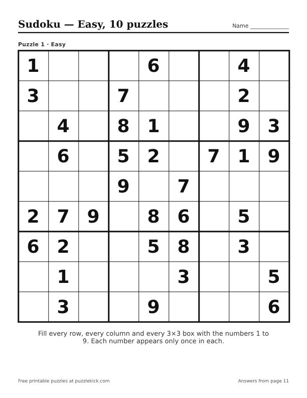 Preview of the Easy · 10 puzzles sudoku PDF