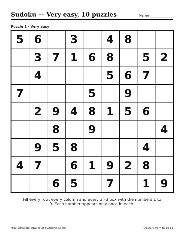 Preview of the Very easy · 10 puzzles sudoku PDF