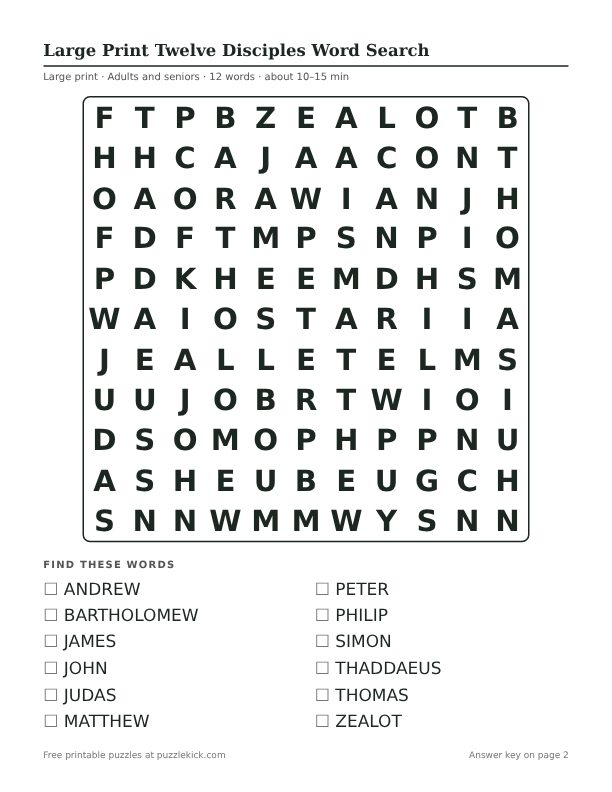 Printable Large Print Twelve Disciples Word Search PDF preview: puzzle page with word list