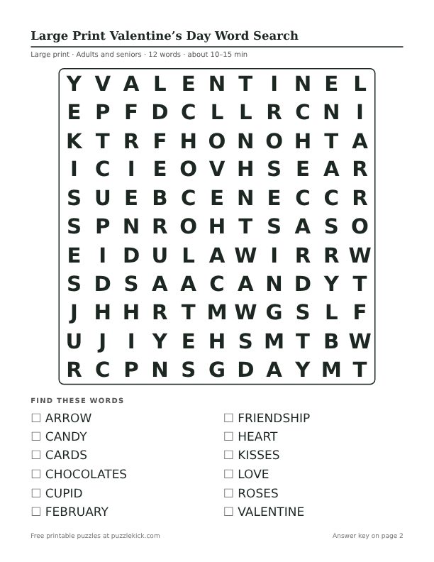 Printable Large Print Valentine’s Day Word Search PDF preview: puzzle page with word list
