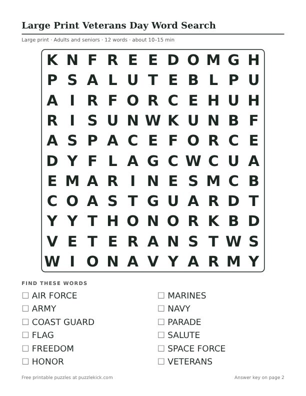 Printable Large Print Veterans Day Word Search PDF preview: puzzle page with word list