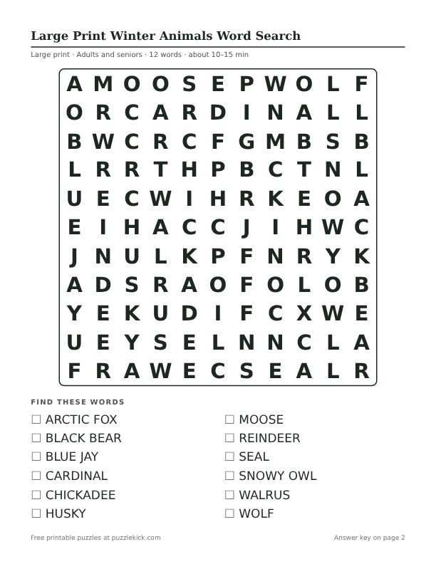 Printable Large Print Winter Animals Word Search PDF preview: puzzle page with word list