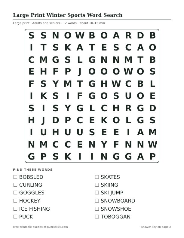Printable Large Print Winter Sports Word Search PDF preview: puzzle page with word list