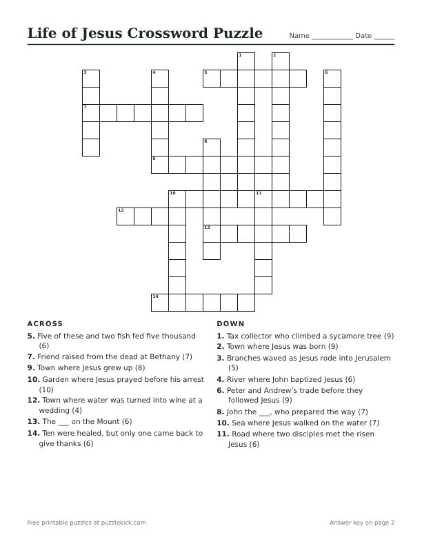 Printable Life of Jesus Crossword Puzzle PDF preview with grid and clues