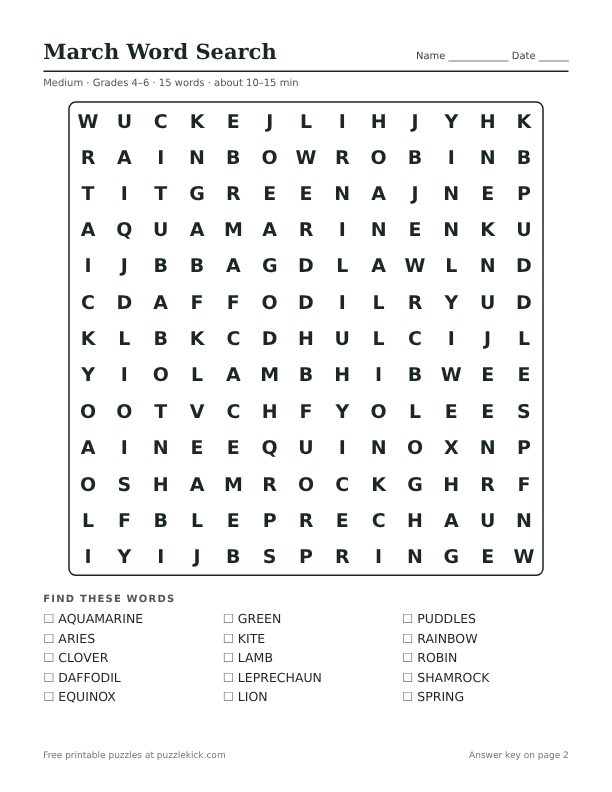 Printable March Word Search PDF preview: puzzle page with word list