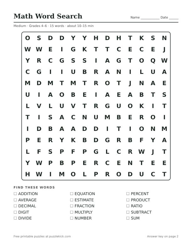 Printable Math Word Search PDF preview: puzzle page with word list