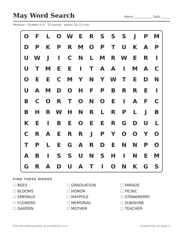 Printable May Word Search PDF preview: puzzle page with word list
