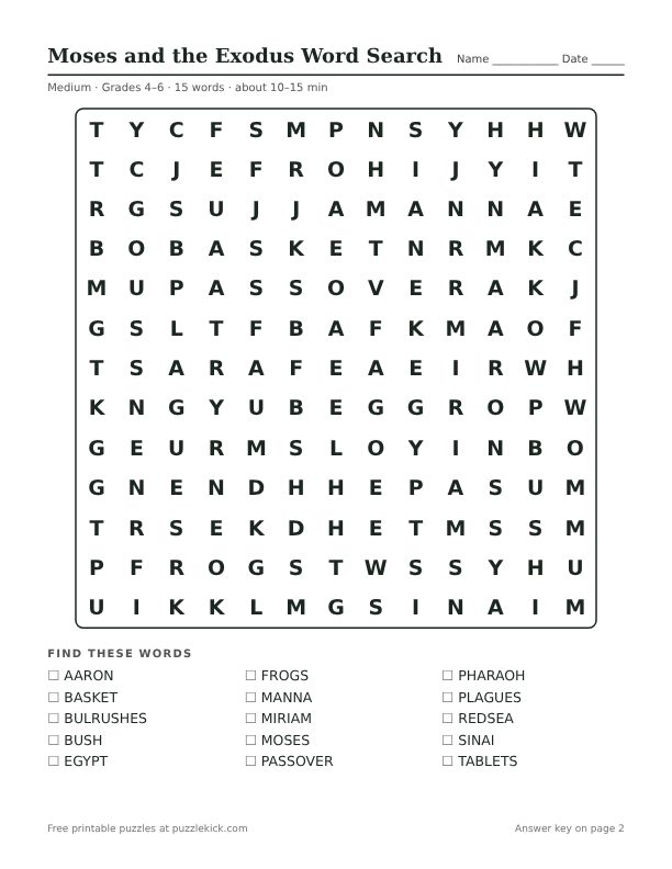 Printable Moses and the Exodus Word Search PDF preview: puzzle page with word list