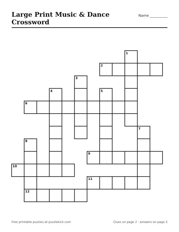 Printable Large Print Music & Dance Crossword PDF preview with big squares and large clues
