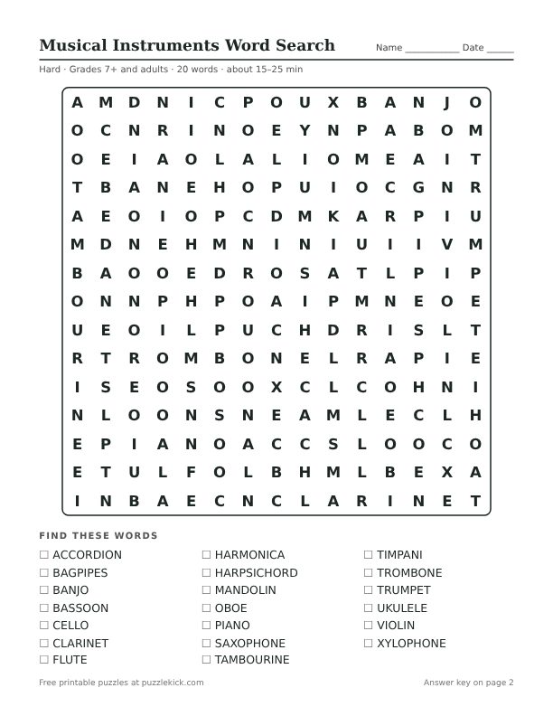 Preview of the musical instruments hard word search