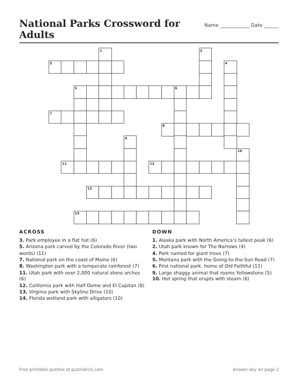 Printable National Parks Crossword for Adults PDF preview with grid and clues