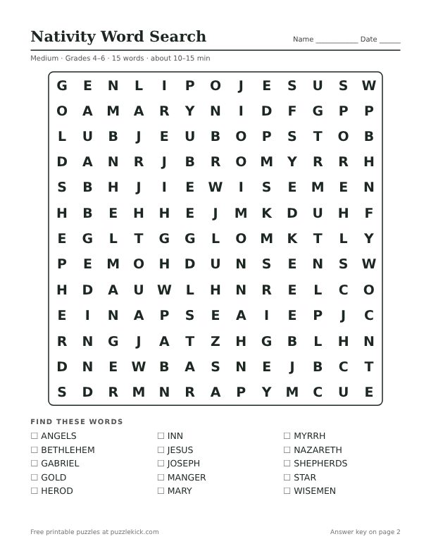 Printable Nativity Word Search PDF preview: puzzle page with word list