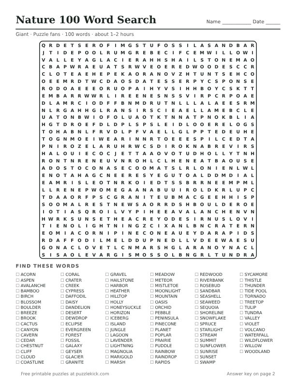 Preview of the nature 100 word word search PDF