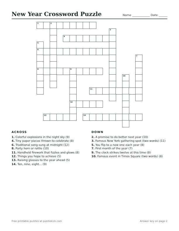 Printable New Year Crossword Puzzle PDF preview with grid and clues