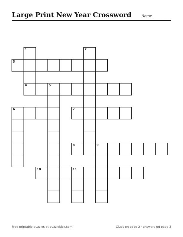 Printable Large Print New Year Crossword PDF preview with big squares and large clues