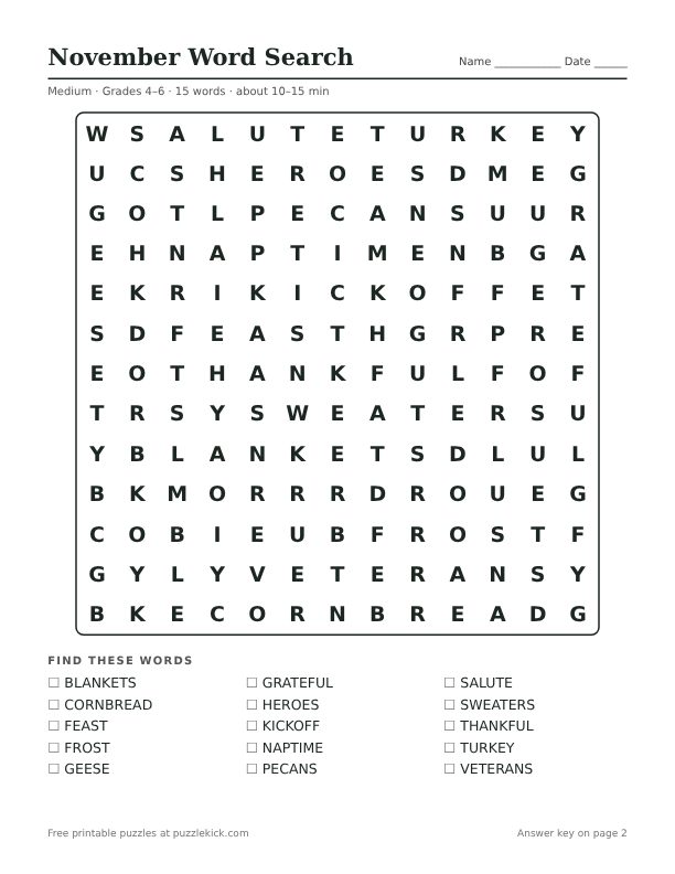 Printable November Word Search PDF preview: puzzle page with word list