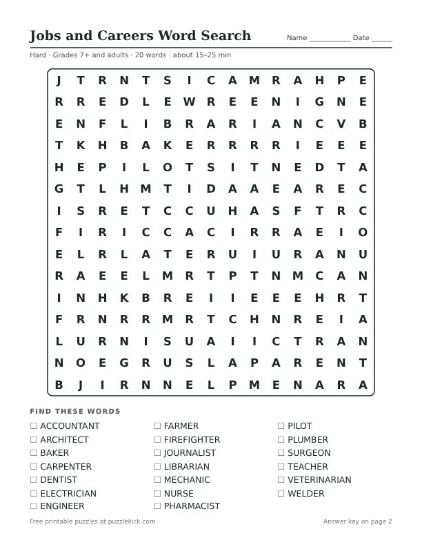 Preview of the jobs and careers hard word search