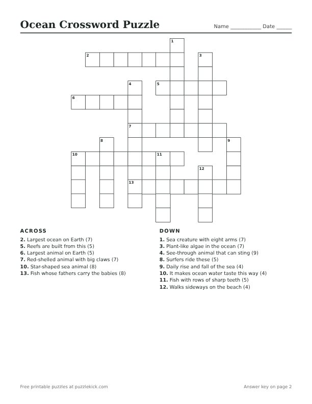Printable Ocean Crossword Puzzle PDF preview with grid and clues