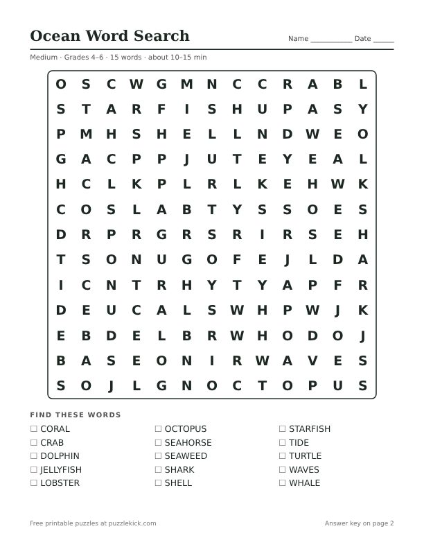 Printable Ocean Word Search PDF preview: puzzle page with word list