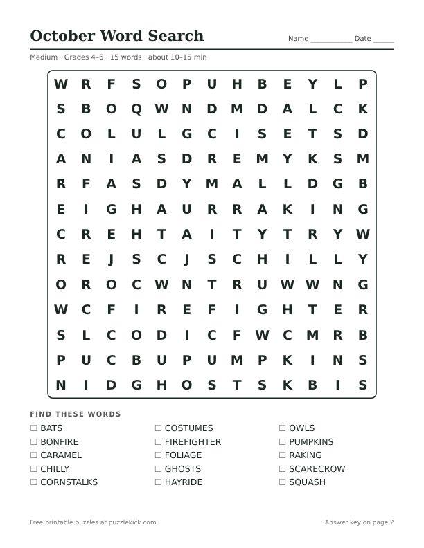 Printable October Word Search PDF preview: puzzle page with word list
